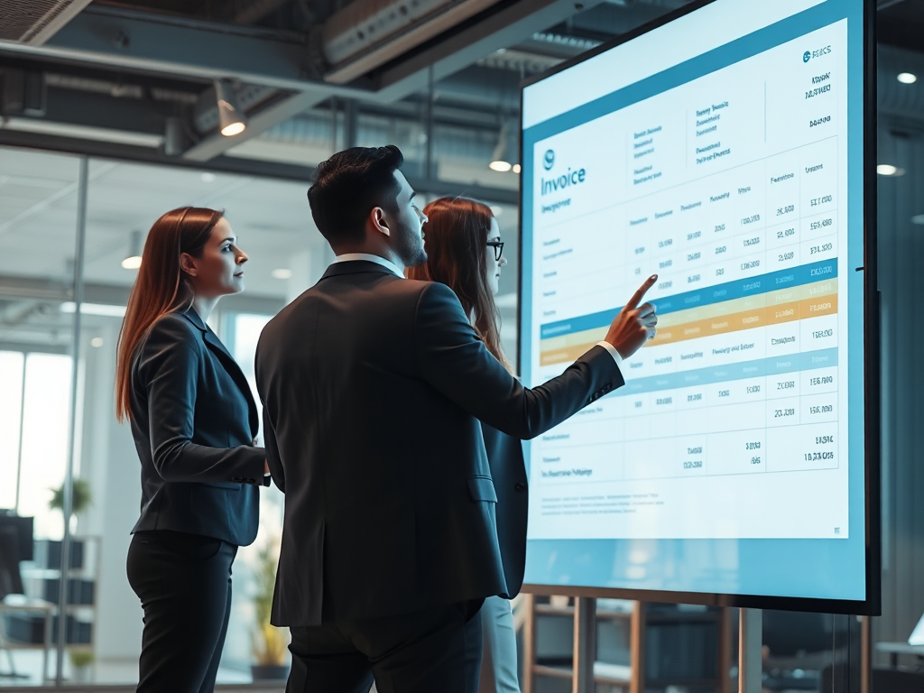 Nhóm nhân viên văn phòng hiện đại đang phân tích hóa đơn điện tử trên màn hình máy tính, không gian làm việc chuyên nghiệp với ánh sáng tự nhiên và thiết bị công nghệ tiên tiến