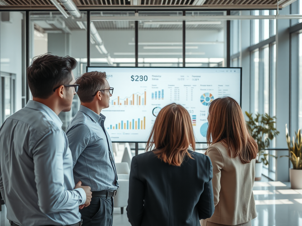 Nhóm nhân viên văn phòng hiện đại phân tích hóa đơn điện tử trên màn hình lớn, biểu đồ dữ liệu trực quan, trang phục chuyên nghiệp, ánh sáng tự nhiên, môi trường công nghệ doanh nghiệp