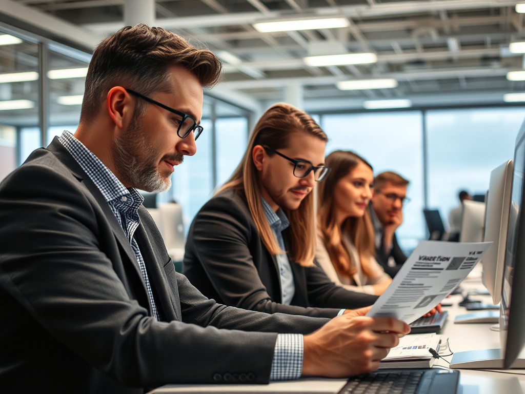 Nhóm nhân viên văn phòng làm việc khẩn cấp với hóa đơn VAT trên máy tính, biểu cảm tập trung, môi trường văn phòng chuyên nghiệp với ánh sáng đèn trần sáng rõ