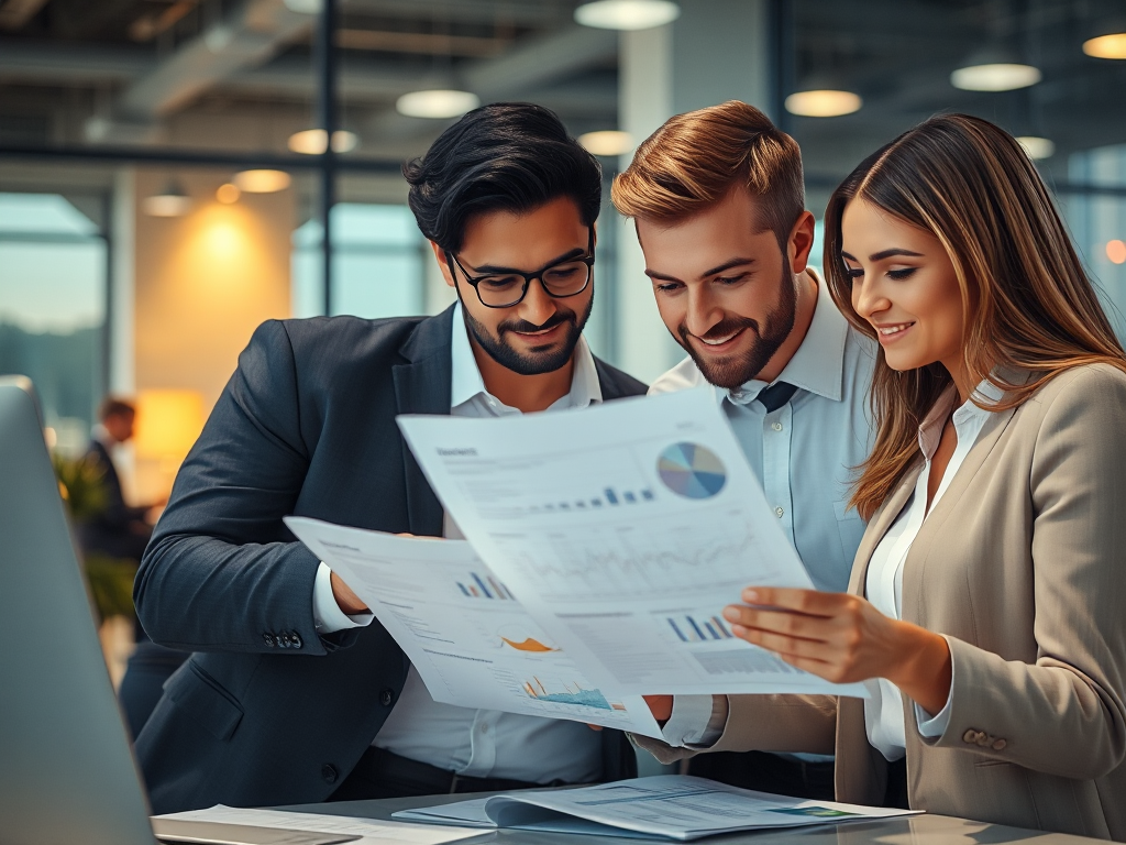 Nhóm nhân viên văn phòng phân tích tài liệu tài chính và bảng tính trong môi trường làm việc chuyên nghiệp, ánh sáng ấm áp tạo cảm giác hiện đại