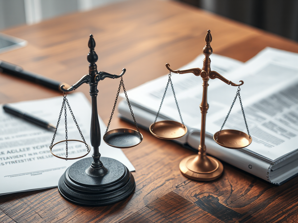 Tài liệu pháp lý và cân công lý trên bàn gỗ, ánh sáng kịch tính làm nổi bật tài liệu, thể hiện hậu quả pháp lý của việc mua bán hóa đơn khống