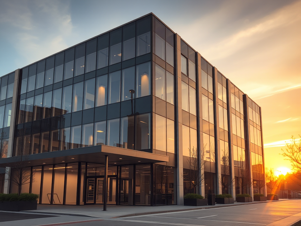 Tòa nhà văn phòng hiện đại vào lúc hoàng hôn với ánh sáng vàng ấm áp, thể hiện không gian làm việc chuyên nghiệp cho việc xuất hóa đơn thuê