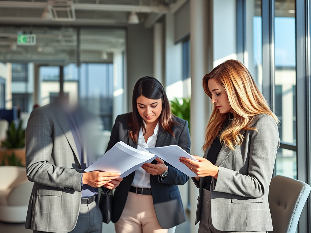 Văn phòng bất động sản hiện đại với nhân viên đang xem xét hồ sơ giao dịch nhà đất, ánh sáng tự nhiên, không gian làm việc chuyên nghiệp