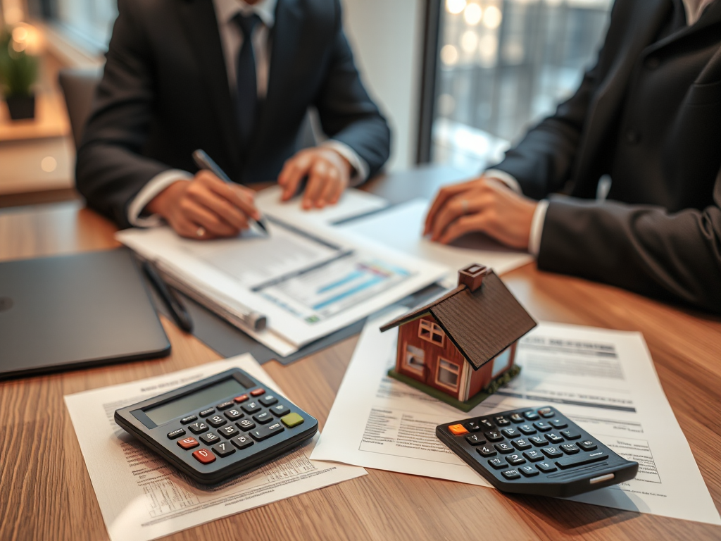 Văn phòng giao dịch bất động sản hiện đại với tài liệu, máy tính và mô hình nhà đất trên bàn làm việc, ánh sáng ấm áp, không gian chuyên nghiệp